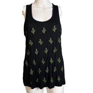 Free Kisses Cactus Loose Fitted Racerback Tank Top Black & Green Large